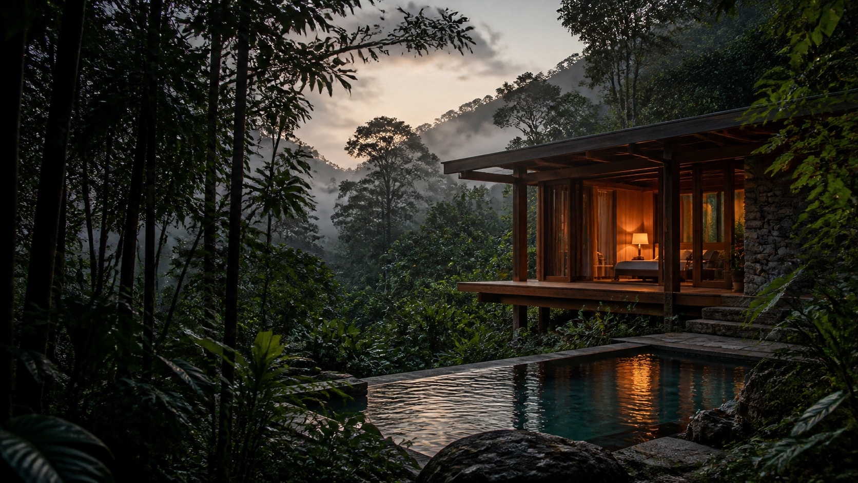 Cabana de madeira iluminada entre árvores brasileiras ao amanhecer