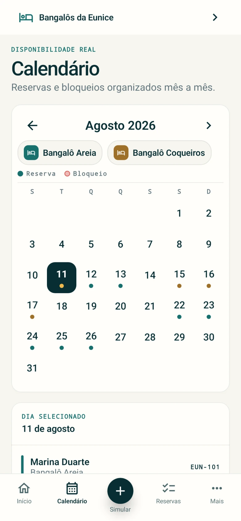 Calendário do aplicativo Android com dados de teste